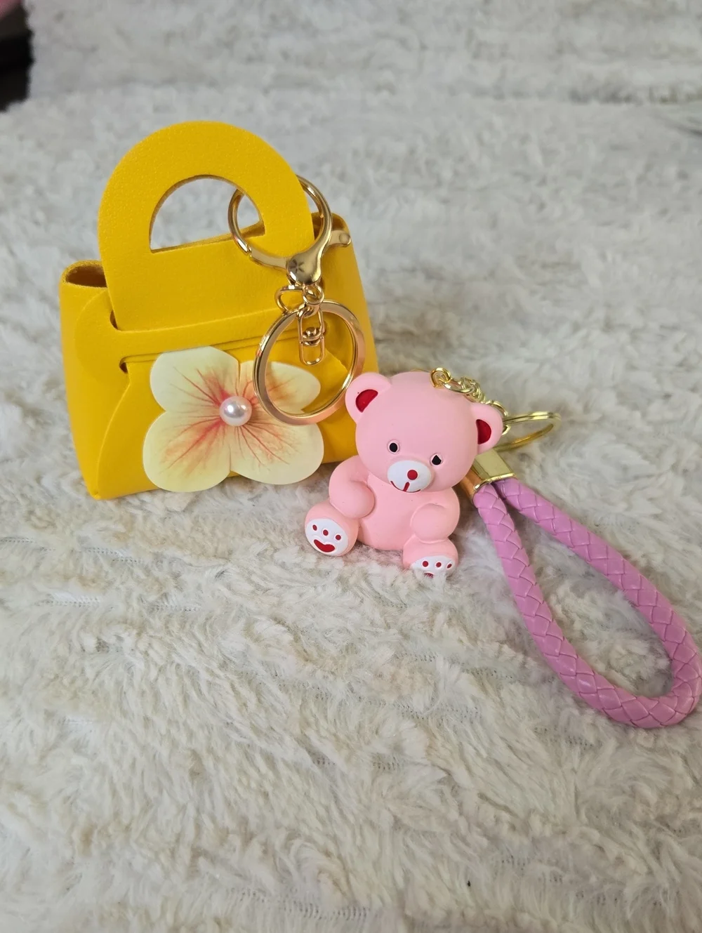Cute Pink Teddy Keychain with Yellow Purse Charm - Accessories